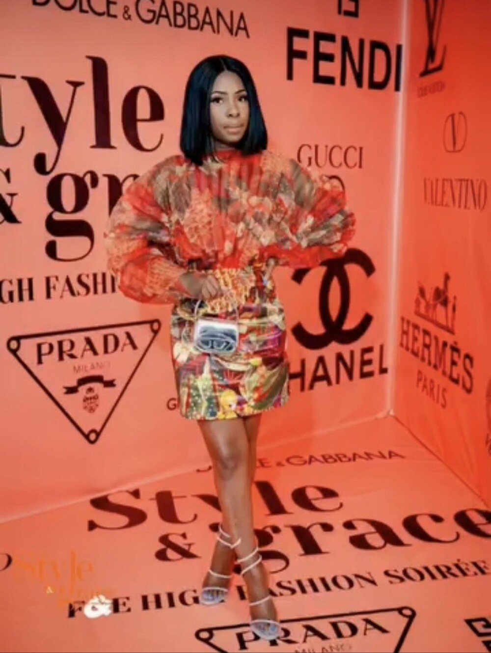 Andrea Iyamah Red Floral Puff-Sleeve Mini Skirt with Multicolor Print